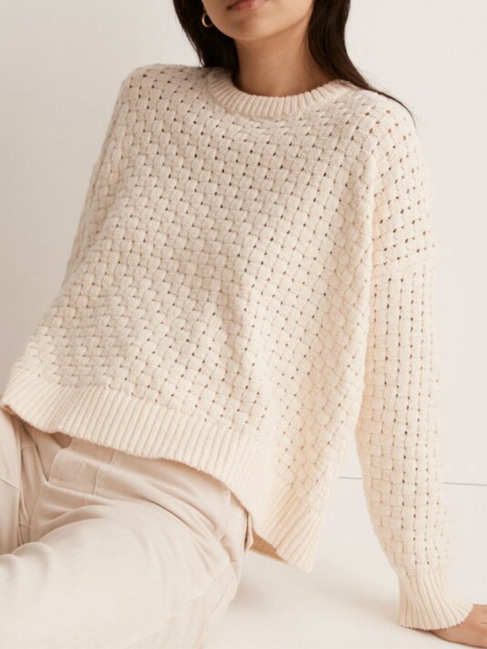 Madewell Basketweave-Stitch Sweater in Antique Cream | Size XS